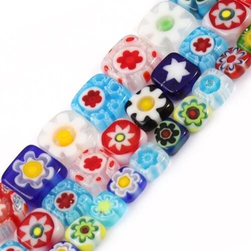 Millefiori Flower Pattern Lampwork Glass Beads Flat Cube Square Beads For Jewelry Making DIY Bracelet Crafts Accessories 15