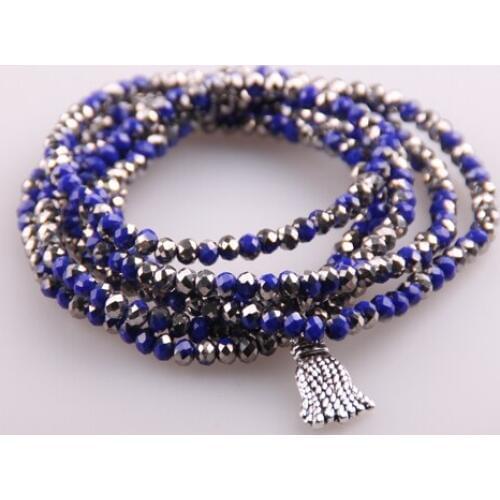 MOODPC Free shipping 5 Strands Crystal with Alloy Tassel Beads Stretched Bracelets Dark Blue Pacet Bead Yoga Bracelet & Necklace