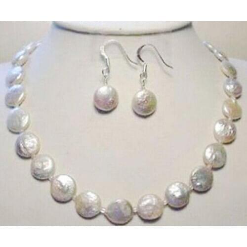 Genuine Natural 11-12mm White Freshwater Coin Pearl Necklace Earrings