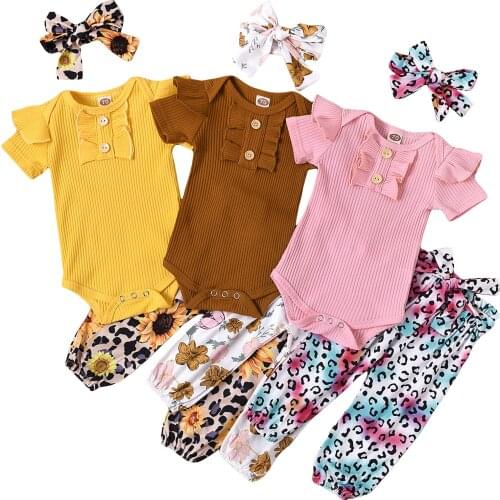 New Infant Baby Girls 3 Pcs Outfits Suits Short Sleeve Solid Color Ruffle Romper Tops + Floral Printed Long Pant + Headband Sets