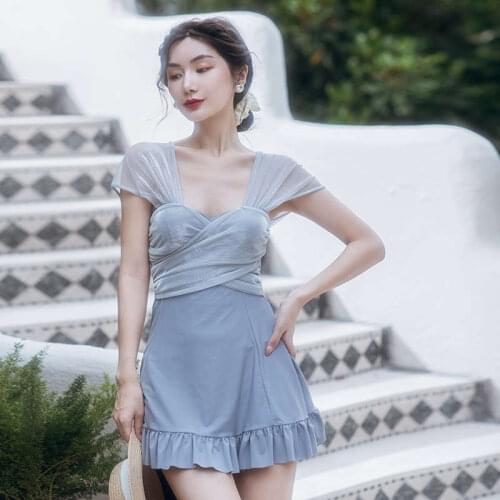 2021 New Fashion And Elegant Net Gauze Short-Sleeved Low-Cut Slim-Fit Gathered Pleated Skirt-Style Backless Hot Spring Swimsuit