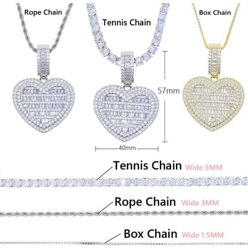 New Arrive Hip Hop Full Iced Out Cubic Zirconia 5MM Tennis Chain Necklace For Men Gold Plated Baguette CZ Heart Charm Jewelry