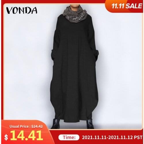 Casual Women'Winter Sweatshirts Dress 2021 VONDA Vintage Long Sleeve Party Maxi Long Dress Casual Robe Femme Plus Size Vestidos