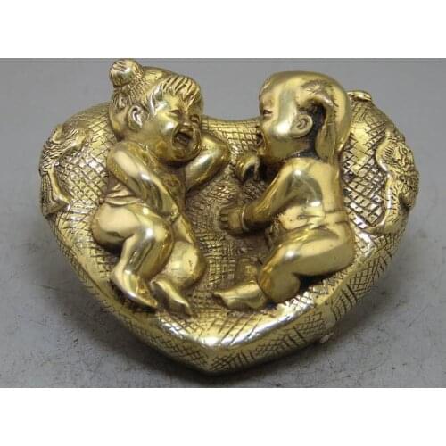 Retro-pure brass carving golden child and jade girl handicraft wedding ornaments 12x9.2x8 cm