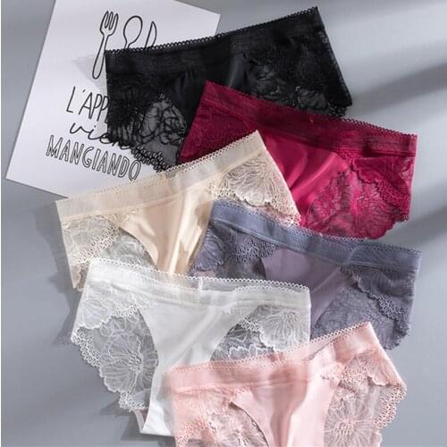 Sexy Ice Silk Seamless Womens Underwear Lace Hollow Out Female Pantiess Transparent Lingeries Breathable Cotton Crotch Briefs