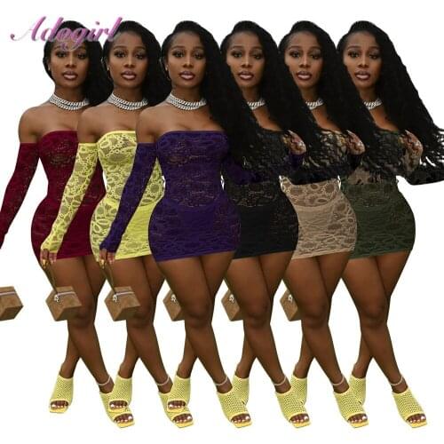 Sexy Sheer Mesh Lace Strapless Long Sleeve With Panties Evening Clubwear Mini Dress Women Hollow Out See Through Outfit Vestidos