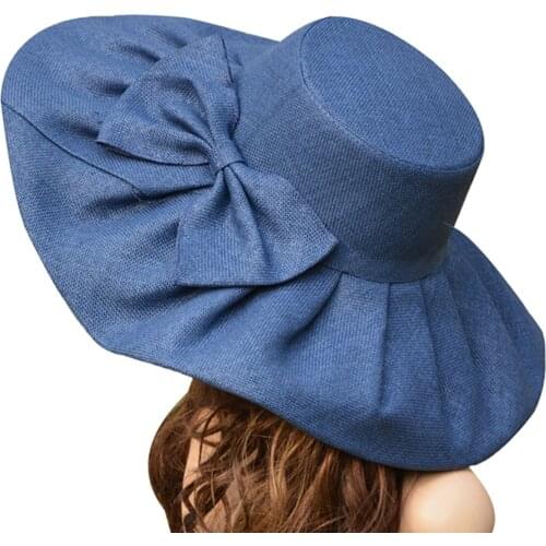 Straw UV protection Collapsible Sun Hat for Women Kentucky Derby Wide Brim Wedding Church Beach Floppy Hat Bow Detail A047