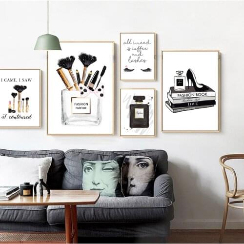 Modern Fashion Wall Art Poster Black White Perfume Eyelashes Makeup Canvas Painting Vintage Vogue Picture For Living Room Decor