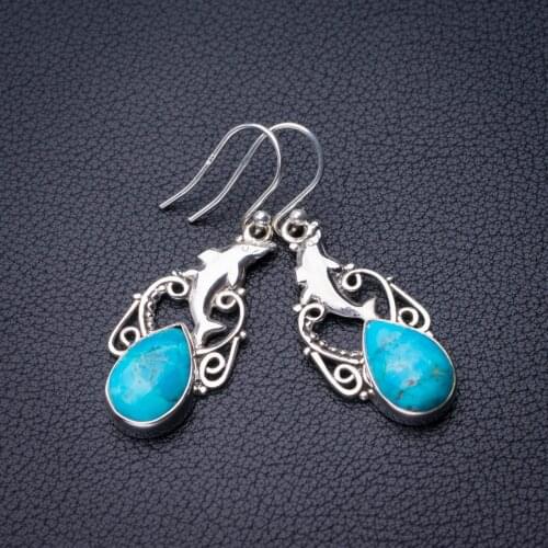 StarGems Natural Turquoise Dolphin Handmade 925 Sterling Silver Earrings 1.75" D7189