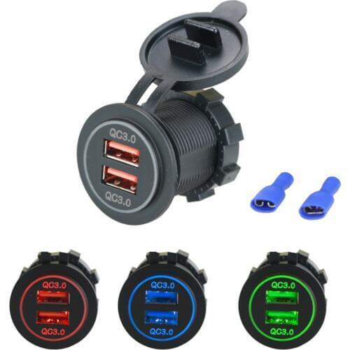 12V 24V Dual QC 3.0 USB Smart motorcycles Car Charger Fast Charge for Cellphone Tablet Over Temperature Protection