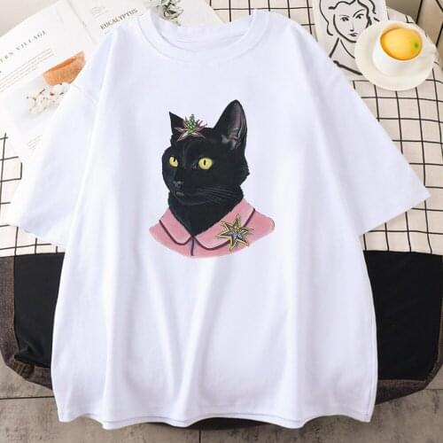 Biritish Gentleman Black Cat Print Womens Tees Shirts Summer Oversize Tops Loose Fashion T-shirts Round Neck Womens Tee Shirts
