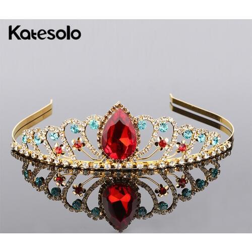 Romantic Wedding Bridal Hair Jewelry Crown Tiara Gold Color Red Water Drop Crystal Rhinestone Hairbands