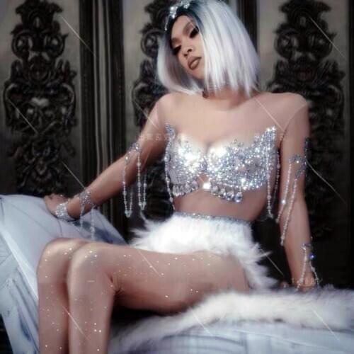 Female singer Dj Ds gogo costume sexy feather bodysuit club sequin jumpsuit