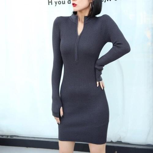 New Autumn Women Vintage Knitted Dresses Office Bodycon Pencil Sheath Dress Elegant Simple Bottoming Vestidos