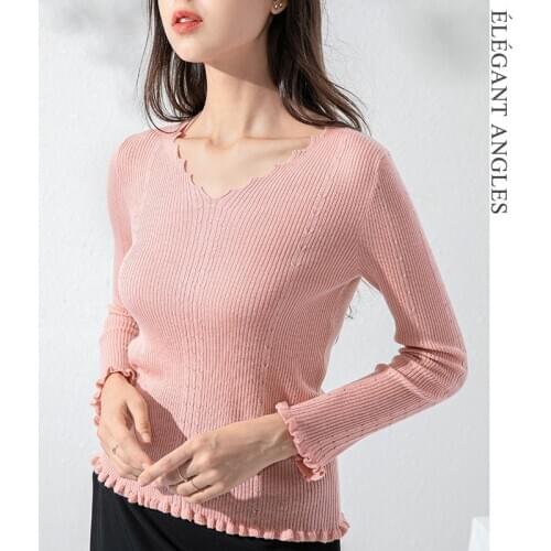 2020 Autumn New Knitted Bottoming Female V-neck Scallop Botany Wool Long Sleeve Skin Soft and Comfortable Fit Premium Wool Blend
