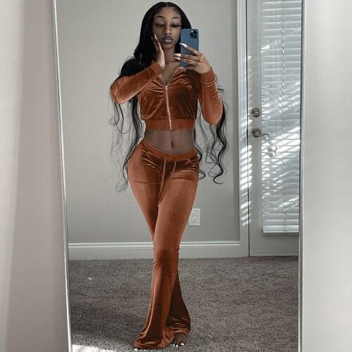 Winter Velvet Two Piece Set Women Tracksuit Zipper Jacket Top and Flare Pants Matching Sets Casual Sport Suits Wholesale Items