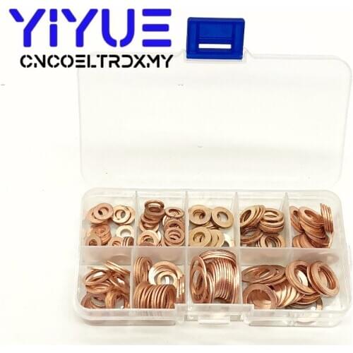 200Pcs Copper Washer Gasket Nut and Bolt Set Flat Ring Seal Assortment Kit With Box M5/M6/M8/M10/M12/M14 for Sump Plugs Water