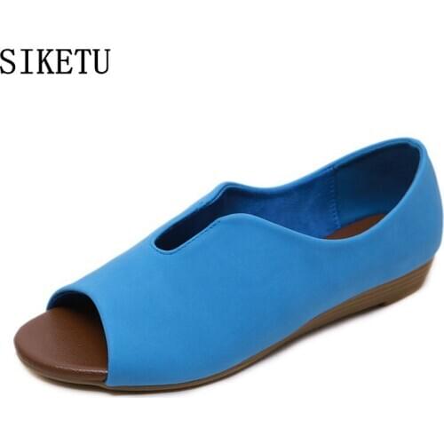 2020 summer fish mouth PU soft leather sandals wedge heel women sandals plus size comfortable mom outdoor sandals driving shoes