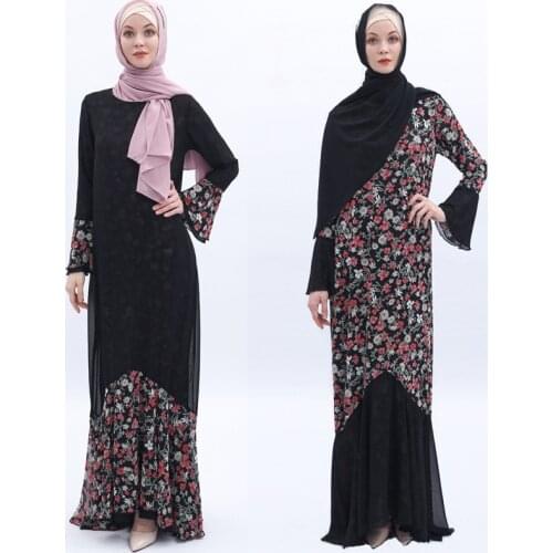2020 Small Floral Flared Sleeve Dress Spring Summer Chiffon Print on Both Sides Wear Fishtail Muslim Female Robe S M L XL XXL