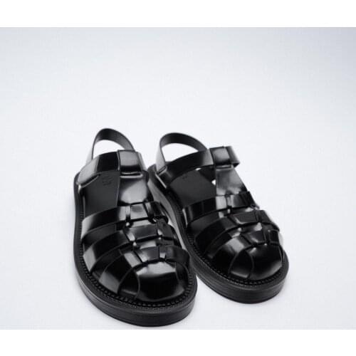 Women Sandals 2021 Gladiator Shoes Round Toe Flat Sandals T-Strap Brand Design Ladies Footwear Black 40