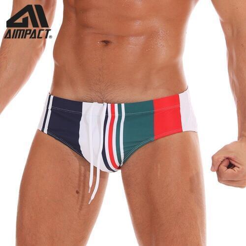 AIMPACT 2019 New Mens Quick Dry Nylon Bikini Swimming Briefs Vertical Drawstring Stripped Padder Surf Swimwear for Man AM8134