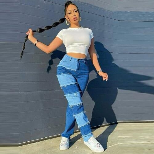 Contrast Color Patchwork Distressed Denim Pant Women Sexy High Waist Elastic Jogger Sweatpant Streetwear Straight Long Trousers