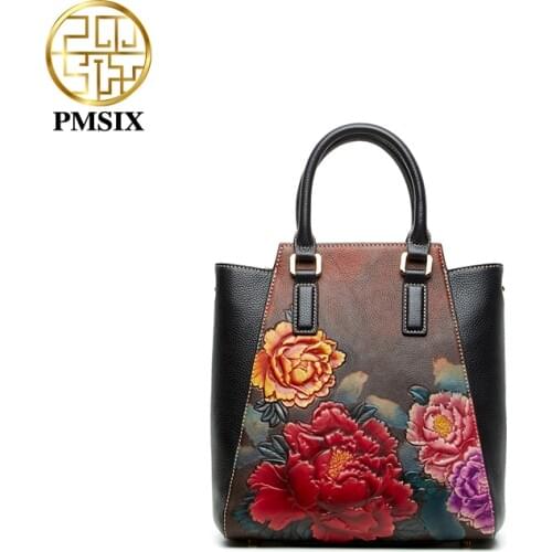 PMSIX Genuine Leather Handbags For Women Embossing Ladies Shoulder Bags Classic Totes Large Capacity Top-Handbag for Women 2020
