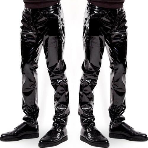 High Waist Faux Leather Vinyl Shiny Zipper Open leather Long trousers for Men Clubwear Costume Tight Pants Leggings Trouser
