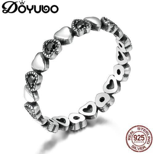 DOYUBO Luxury Womens Black Cubic Zirconia Full Hearts Rings High Quality Sterling Silver Lady Wedding Rings Fine Jewelry AGB055