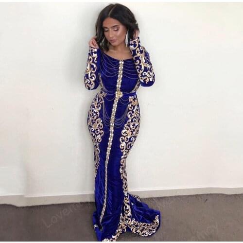 Royal Blue Mermaid Caftan Evening Dresses Arabic Long Sleeve Velvet Lace Prom Gowns Tassels Princess Karakou Formal Party Dress
