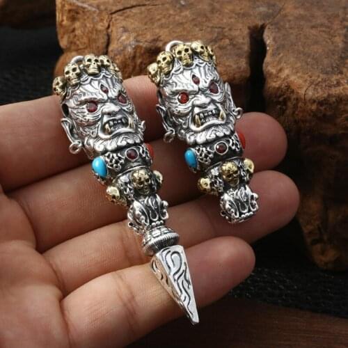Skull Pendant 100% Real 990 Sterling Silver Buddha God of Wealth Mosaic Color Stone Necklace Pendant jewelry Free Shipping