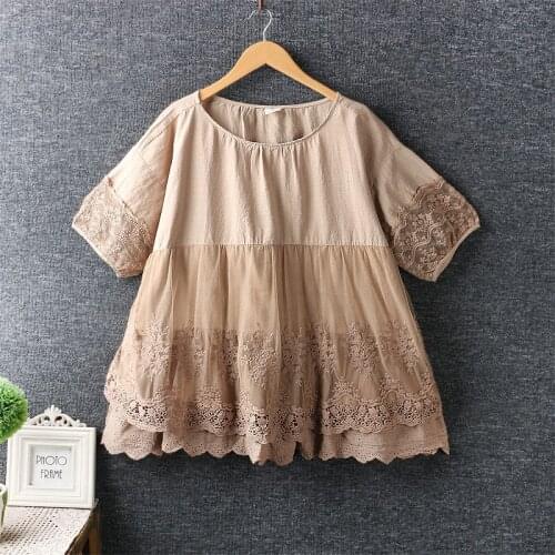 Summer Lolita Water Soluble Lace Embroidery Shirt O-Neck Short Sleeve Doll Shirt Blouse Female New 2020