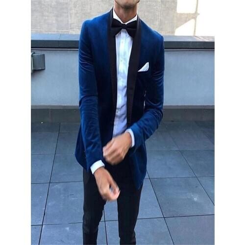 Hot Recommend One Button Dark Blue Velvet Groom Tuxedos Groomsmen Shawl Lapel Mens Suits Blazers (Jacket+Pants+Tie)