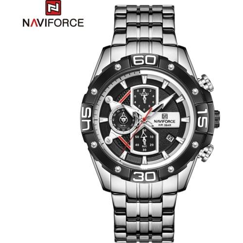 NAVIFORCE Mens Analog Quartz Chronograph Watch with Stainless Steel Bracelet NF8018 Silver Sport Fashion Casual Waterproof Hour