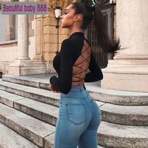 Meqeiss new harajuku slim bodycon streetwear knitted tees Womon cotton hollow out sexy tshirt bandage backless long sleeve tops