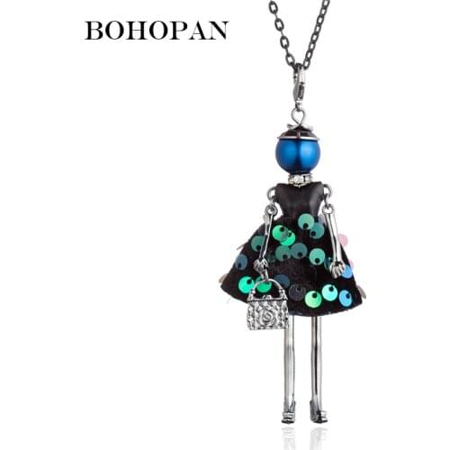 Cute Doll Necklace Women Feather Sequin Dress Metal Handbag Big Blue Doll Pendant Necklace Fashion Charm Jewelry collar mujer