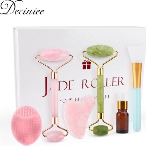 Rose Jade Roller Gua sha Set Natural Quartz Scraper Jade Stone Massage Face Brush Facial Massager Tools for Body Back Neck Gift