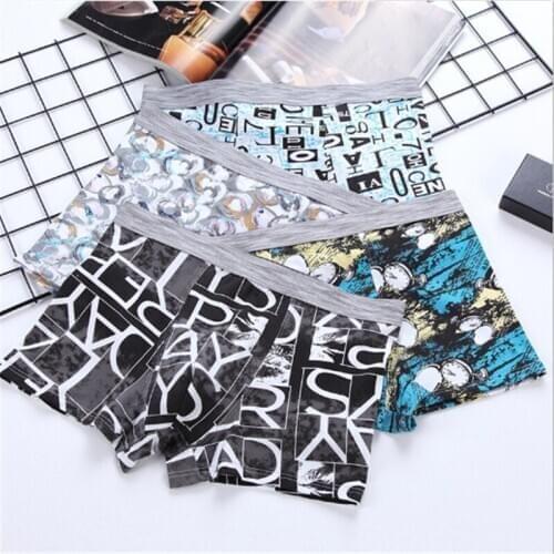 Summer new ice silk mens mid-waist underwear large size printed boxer shorts U convex comfortable breathable mens underwear