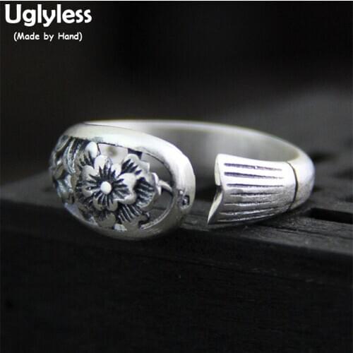 Uglyless Real S990 Silver Fine Jewelry for Women Handmade Engrave Flower Rings Hollow Ethnic Fish Tail Ring Vintage Dress Bijoux