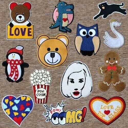 Dinosaur Popcorn Bear Penguin Chenille Icon Towel Embroidered Applique Patches For Clothes DIY Iron on Badges on the Backpack