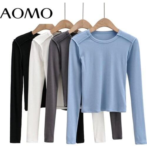 AOMO 2021 Women Patchwork T Shirt Long Sleeve O Neck Tees Ladies Casual Tee Shirt Street Wear Top 4P93A