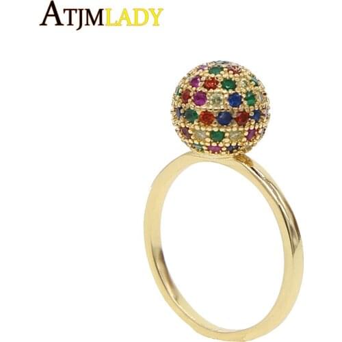 2020 Summer Trendy Gold Filled Disco Ball Engagement Finger Ring For Lady Rainbow Cubic Zirconia Cz Paved Colorful Stunning Ring