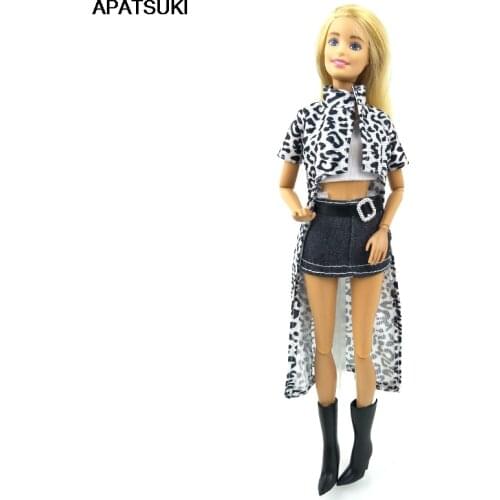 1set Doll Accessories For Barbie Doll Outfits Leopard Long Coat & White Top Vest & Skirt Shoes Clothes For Barbie Dollhouse 1/6