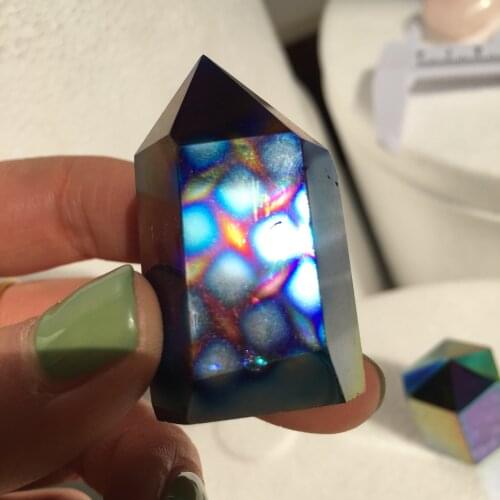 1pcs Natural Electroplate Hexagonal Column Crystal Rock Mineral Specimen Point Rainbow Wand Home Decoration Reiki Healing Stone