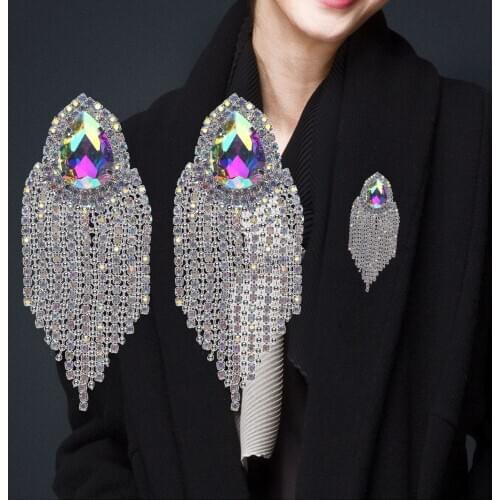 2 Elegant Waterdrop Crystal Brooch Pin On/Sew On Metal Tassels Applique Party Wedding Clothing Decor Pins Jewelry Gift for Women