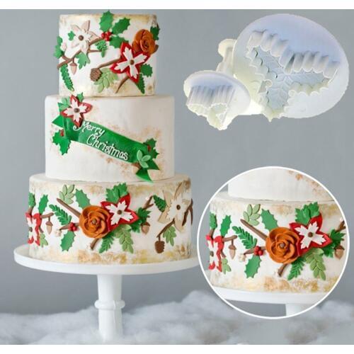 2Pcs/Set Holly Leaf Cake Cookie Sugarcraft Fondant Decorating Plunger Cutters Mould Bakeware Tools FBE3