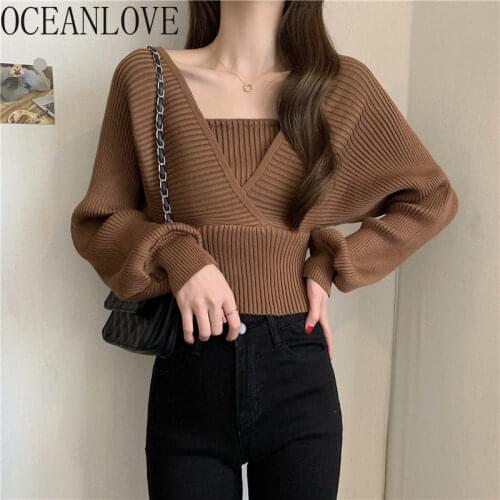 OCEANLOVE Fake 2 Pcs Women Sweaters Solid Square Neck Fashion 2021 Autumn Winter Pullovers Vintage Sweet Sueter De Mujer
