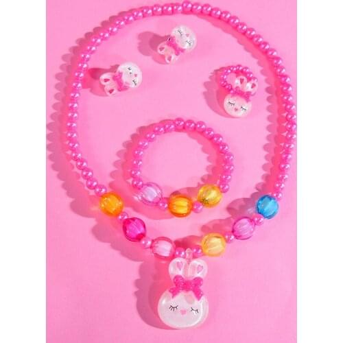 4pcs/pack Children Cute Cartoon Girl Necklace Ring Bracelet Earrings Sets Rabbit Pendant Beads Pearl Collar Party Jewelry Gifts