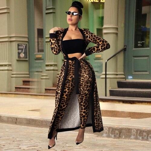 AHVIT Autumn Winter Leopard Printed Sexy Women Tow Piece Set Full Sleeve Sashes Long Coat And Skinny Full Length Pants QM3542