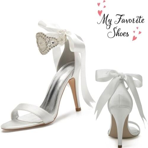 Hight Heel Brides Crystals Wedding Sandals Open Toe Lace Up Evening Party Dress Pumps Satin Women Shoes Summer 10.5CM